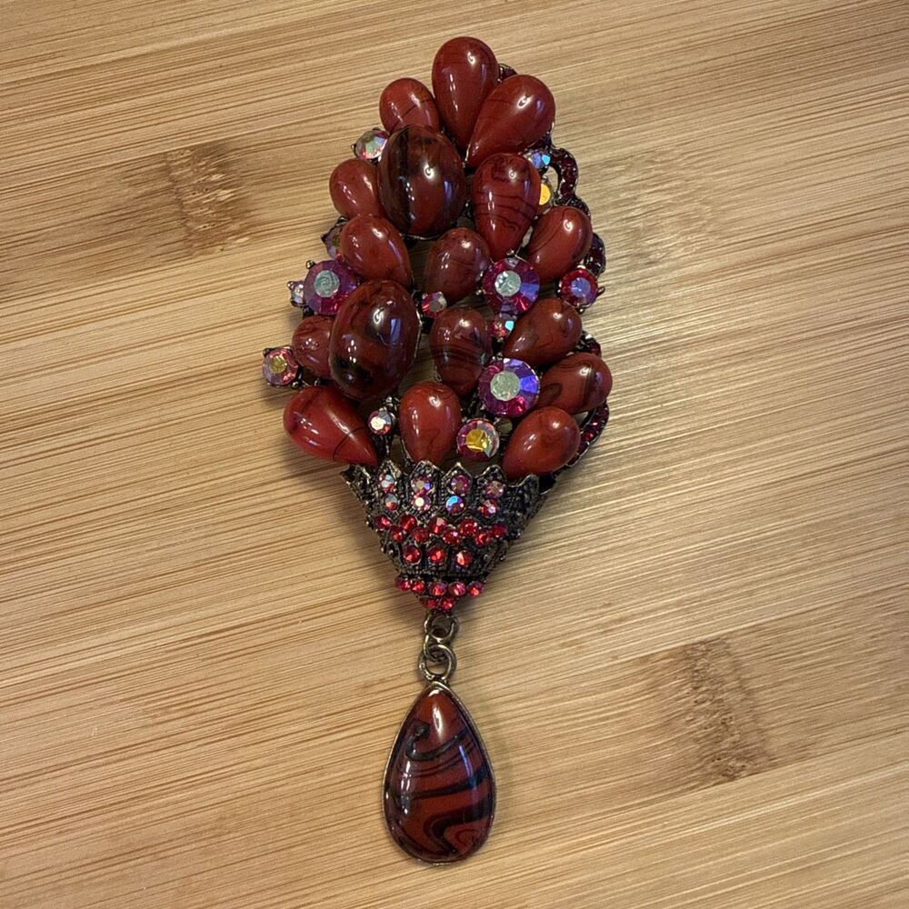 RED BEADED LARGE BROOCH
